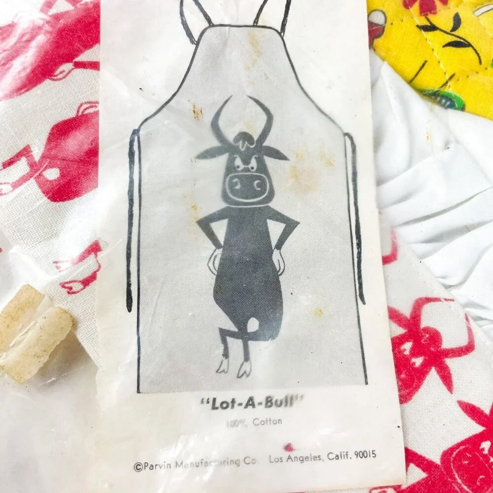 Vtg Parvin BBQ Set Apron Hat Mitt Cow Bull Print Lot-A-Bull Chefs Gift Cooking